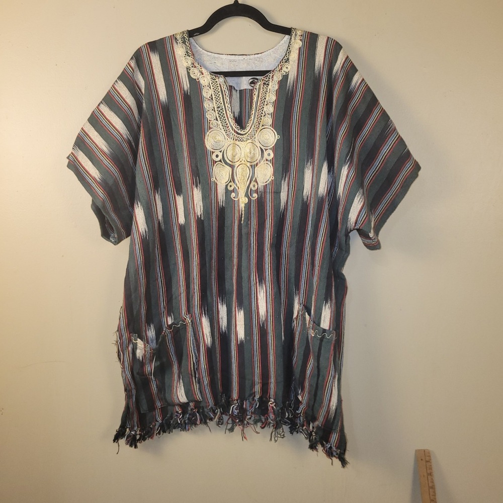Bohemian Striped Tunic Top‎ with Tassel Fringe and Embroidered Neckline